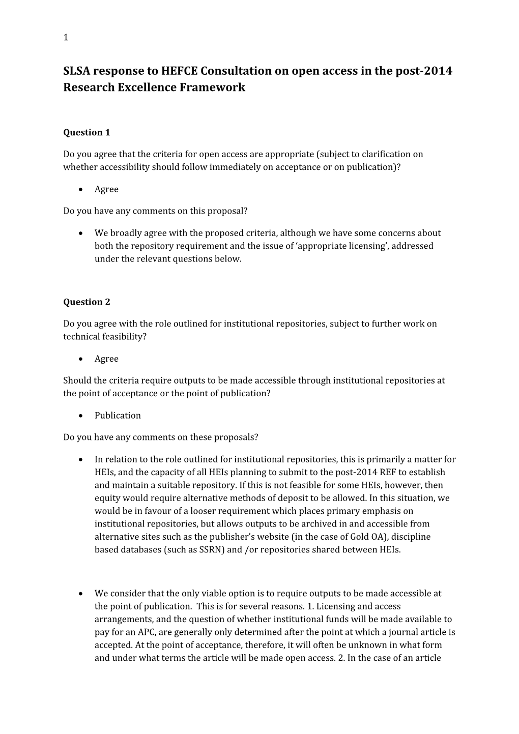 SLSA Response to HEFCE Consultation on Open Access in the Post-2014 Research Excellence