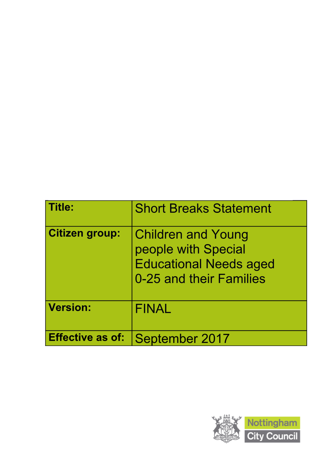 Model Short Breaks Services Information Statement