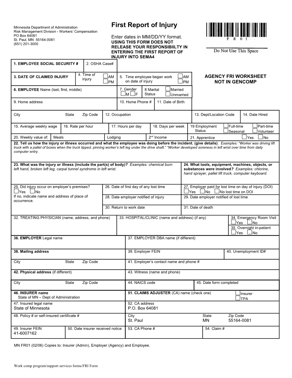 First Report of Injury Form