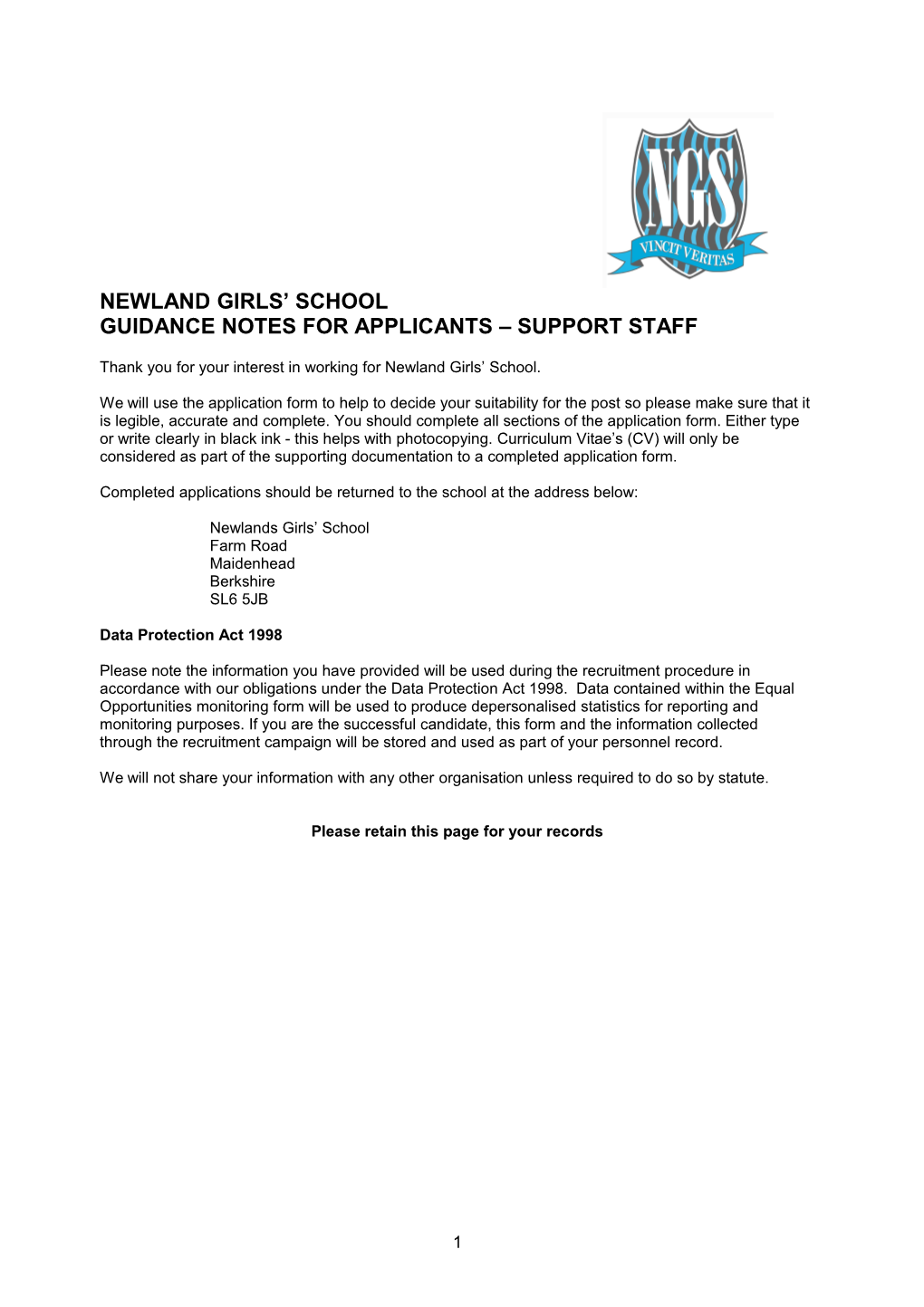 Guidance Notes for Applicants Support Staff