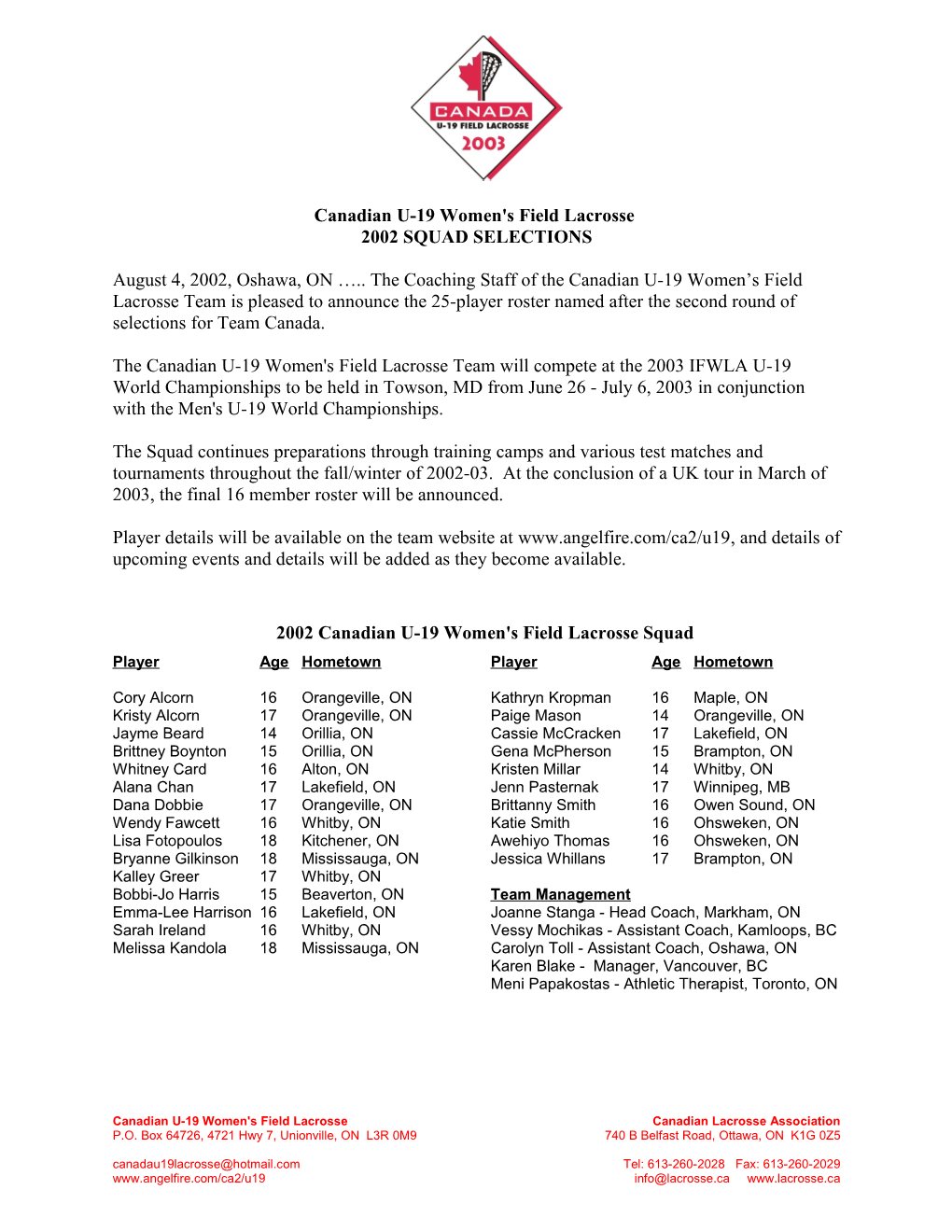 Canadian U-19 Women S Field Lacrosse - Press Release 20020804
