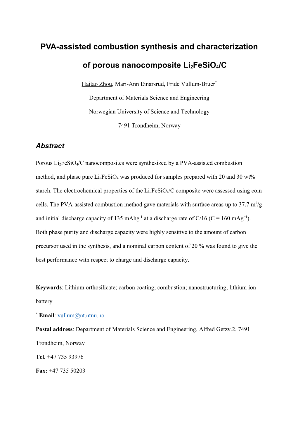 PVA-Assisted Combustion Synthesis and Characterization of Porous Nanocomposite Li2fesio4/C