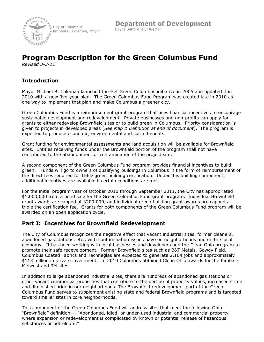Program Description for the Green Columbus Fund