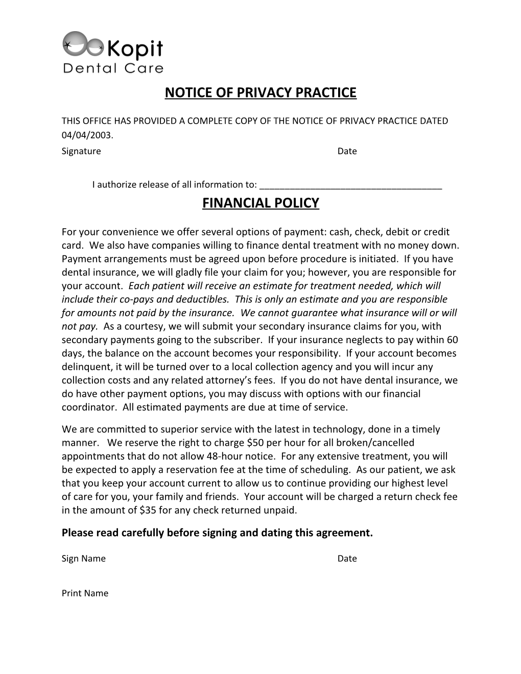 Notice of Privacy Practice