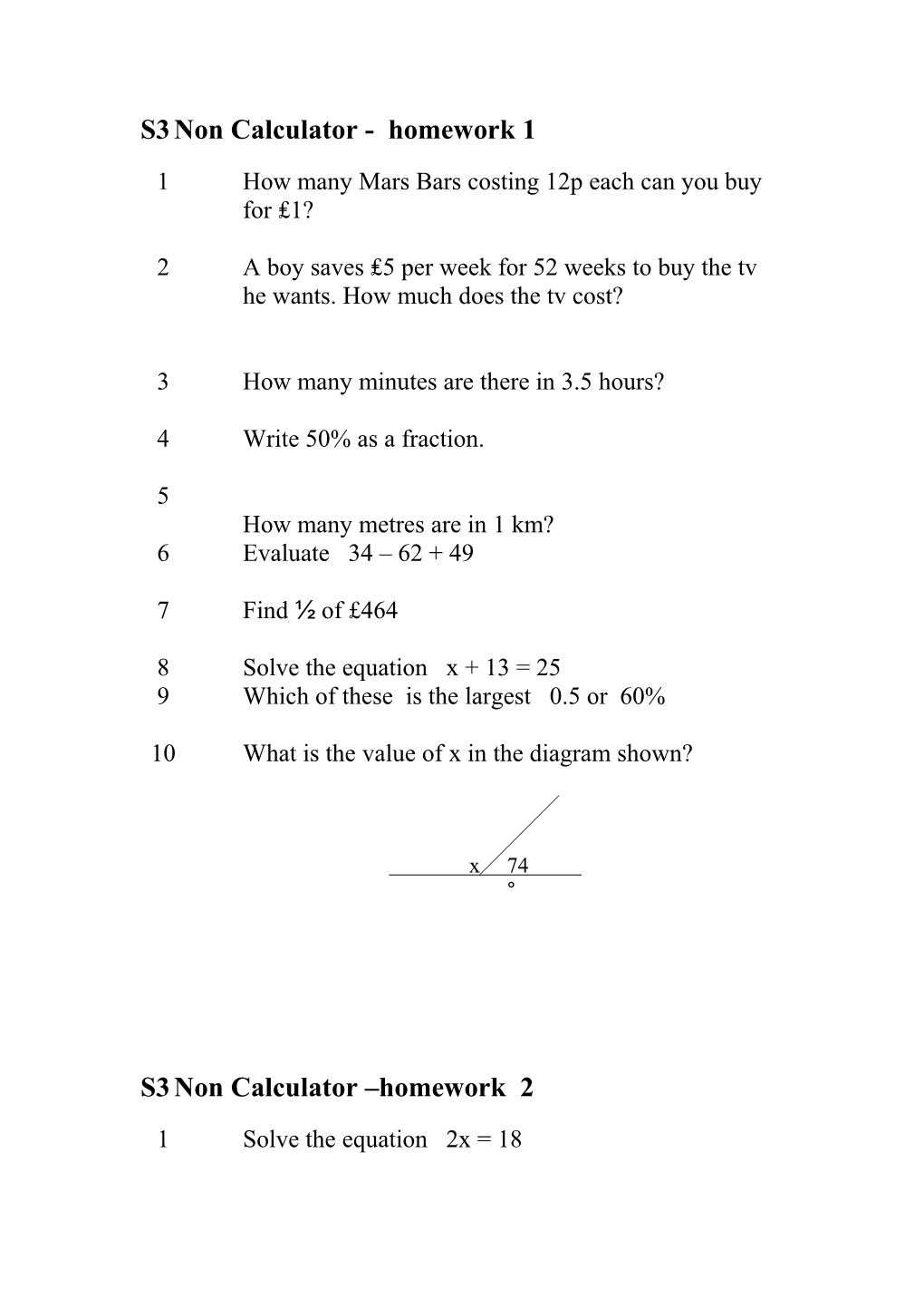 S3 Non Calculator - Homework 1