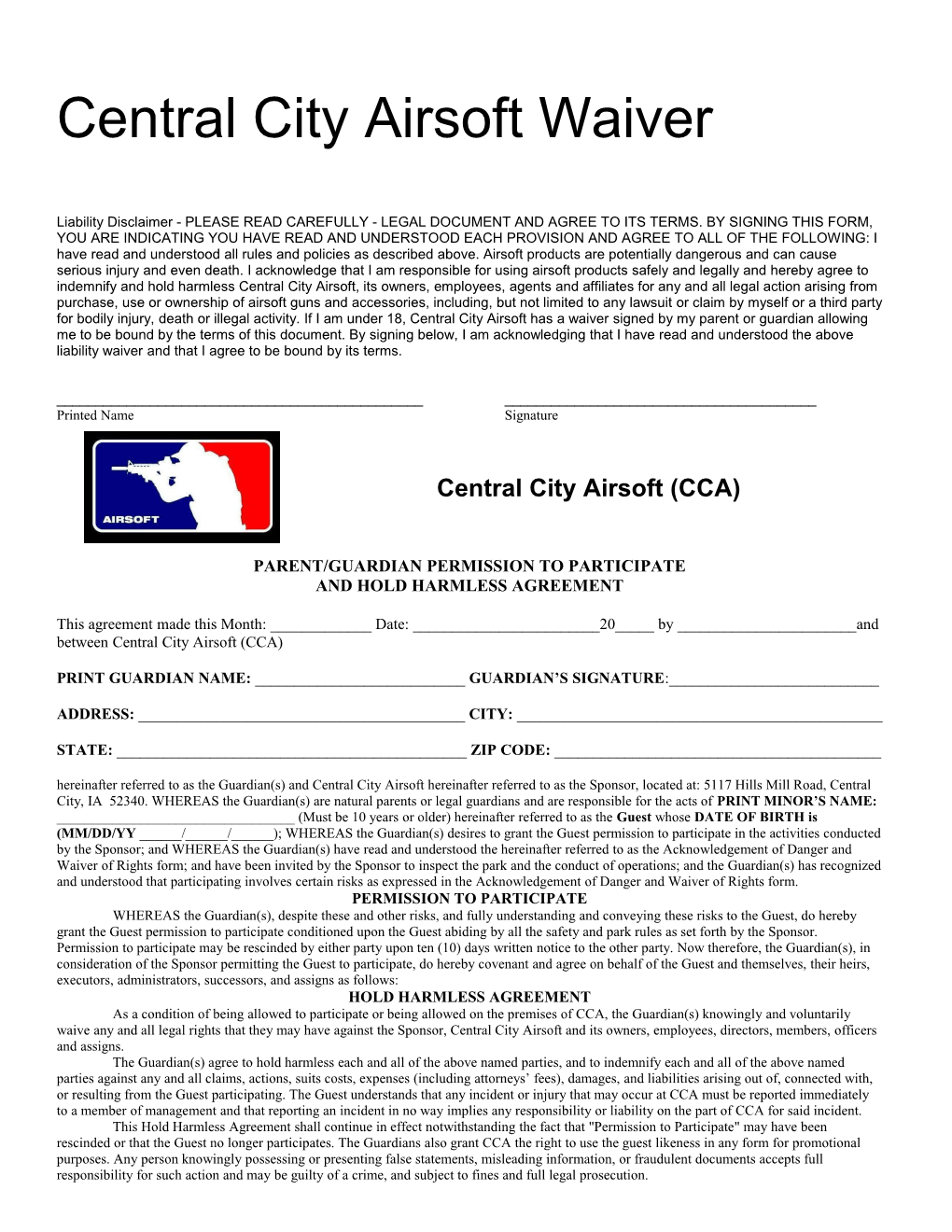 Central City Airsoft Waiver