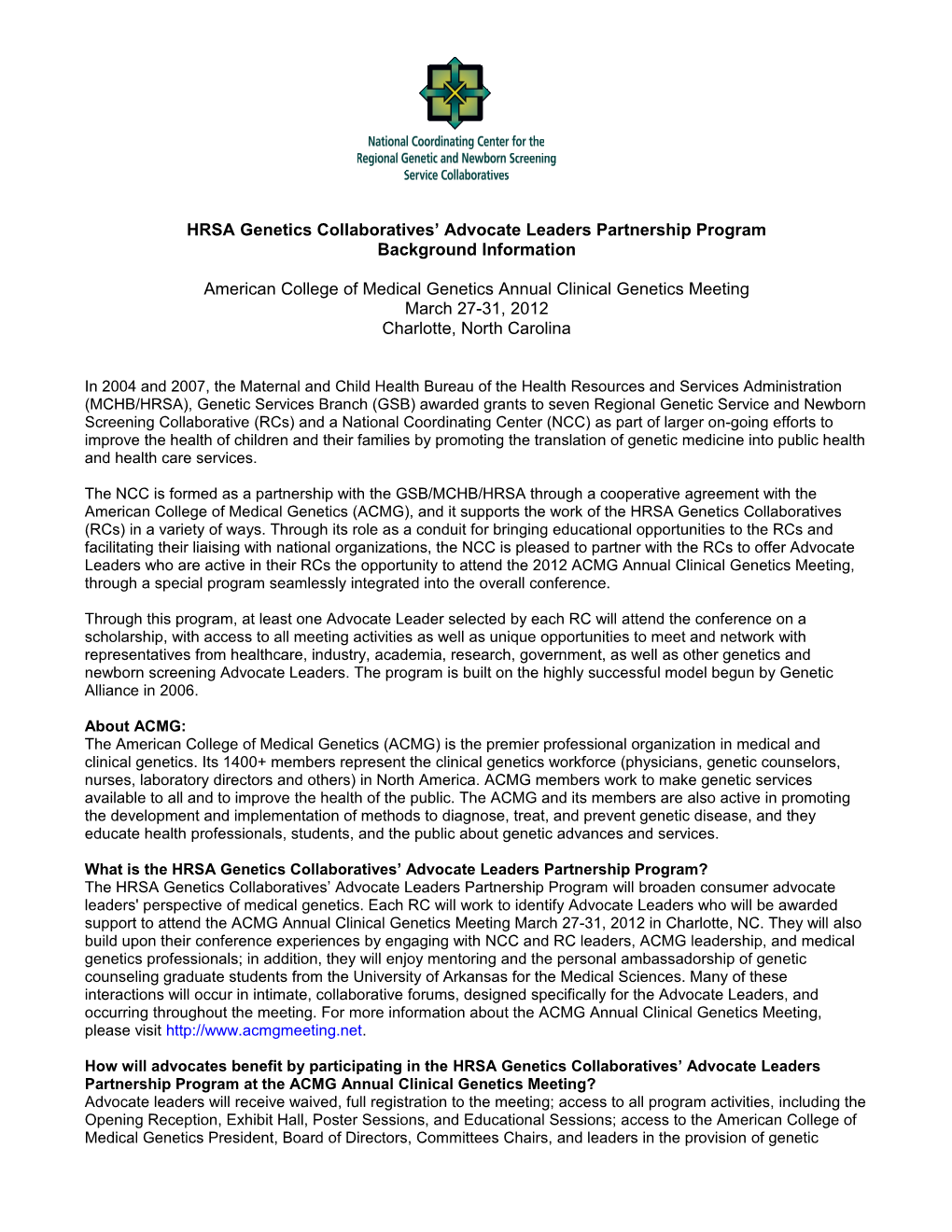 HRSA Genetics Collaboratives Advocate Leaders Partnership Program