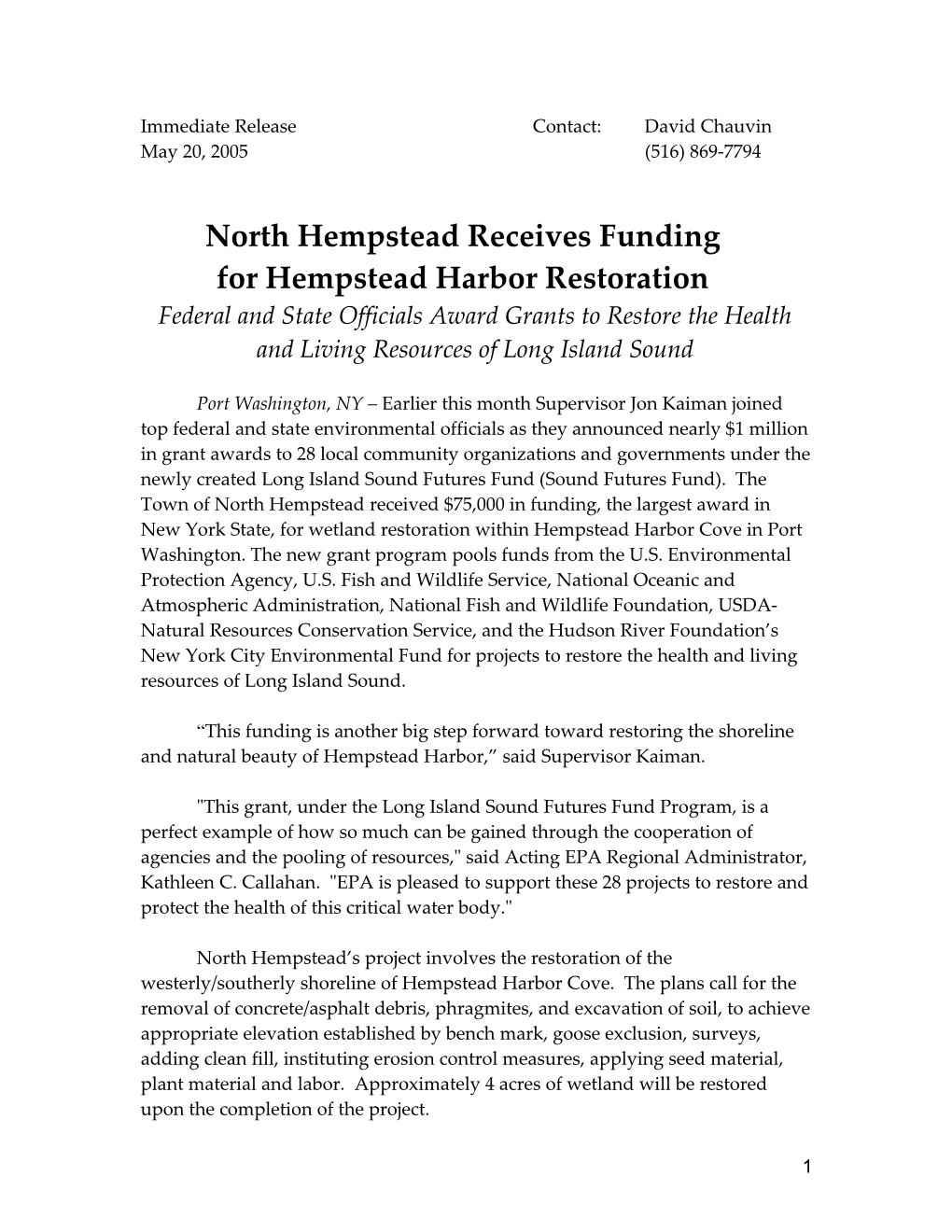 North Hempstead Receives Funding for Hempstead Harbor Restoration