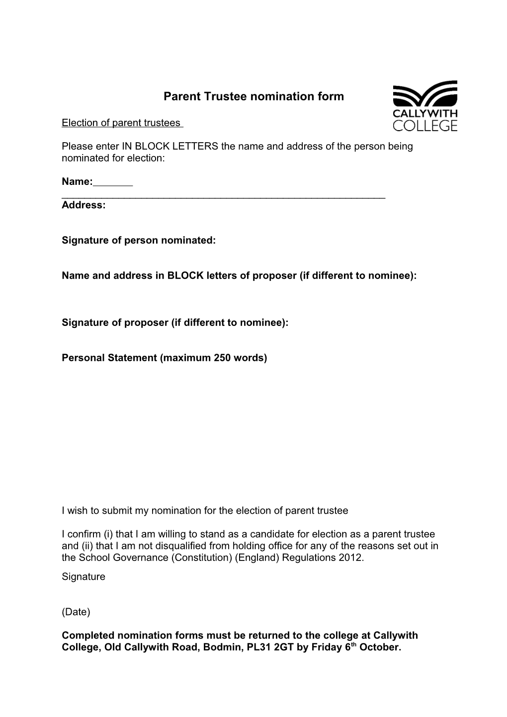 Parent Trustee Nomination Form