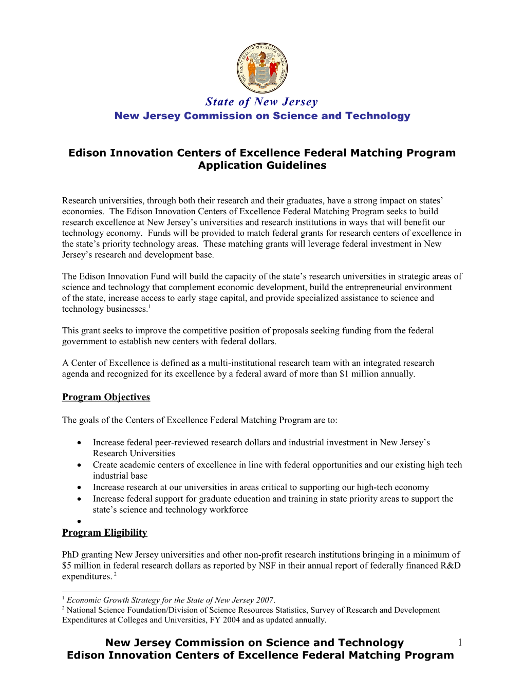 New Jersey Centers of Excellence Federal Matching Program