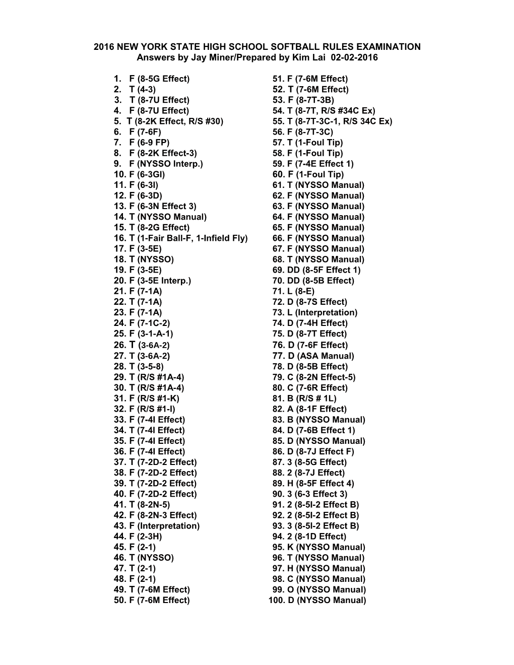 2013 New York State High School Softball Rules Examination