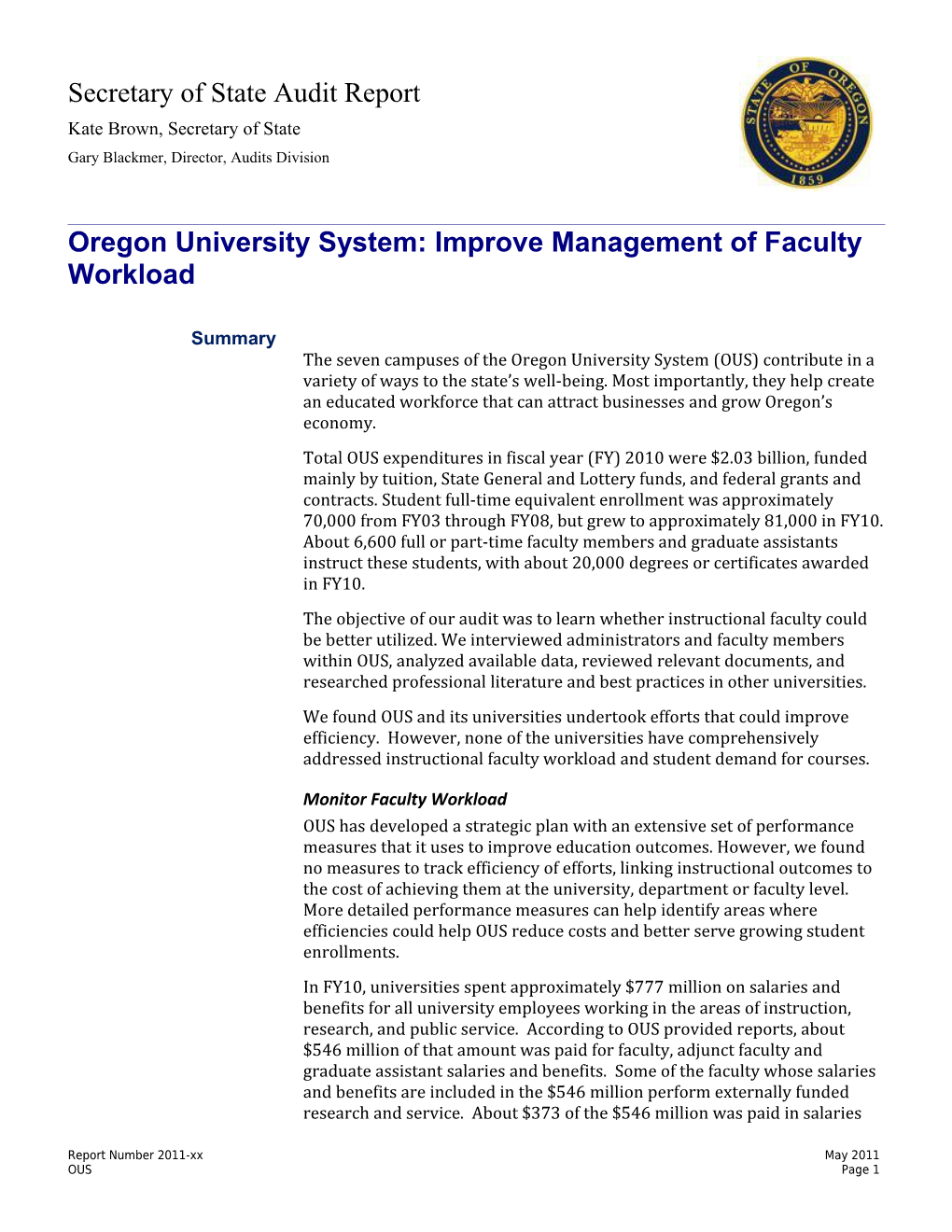 Oregon University System: Improve Management of Faculty Workload