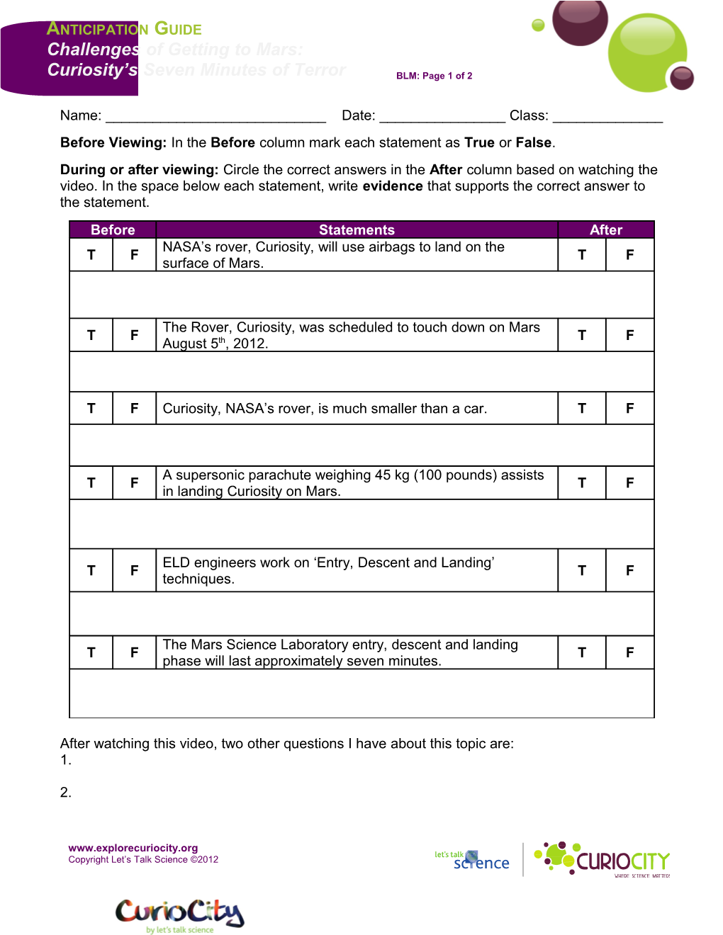 Before Viewing: in the Before Column Mark Each Statement As True Or False