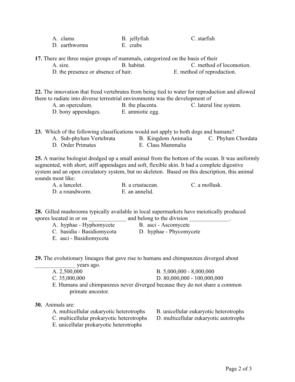 Biology 201 - Multiple Choice Questions (By Chapter)