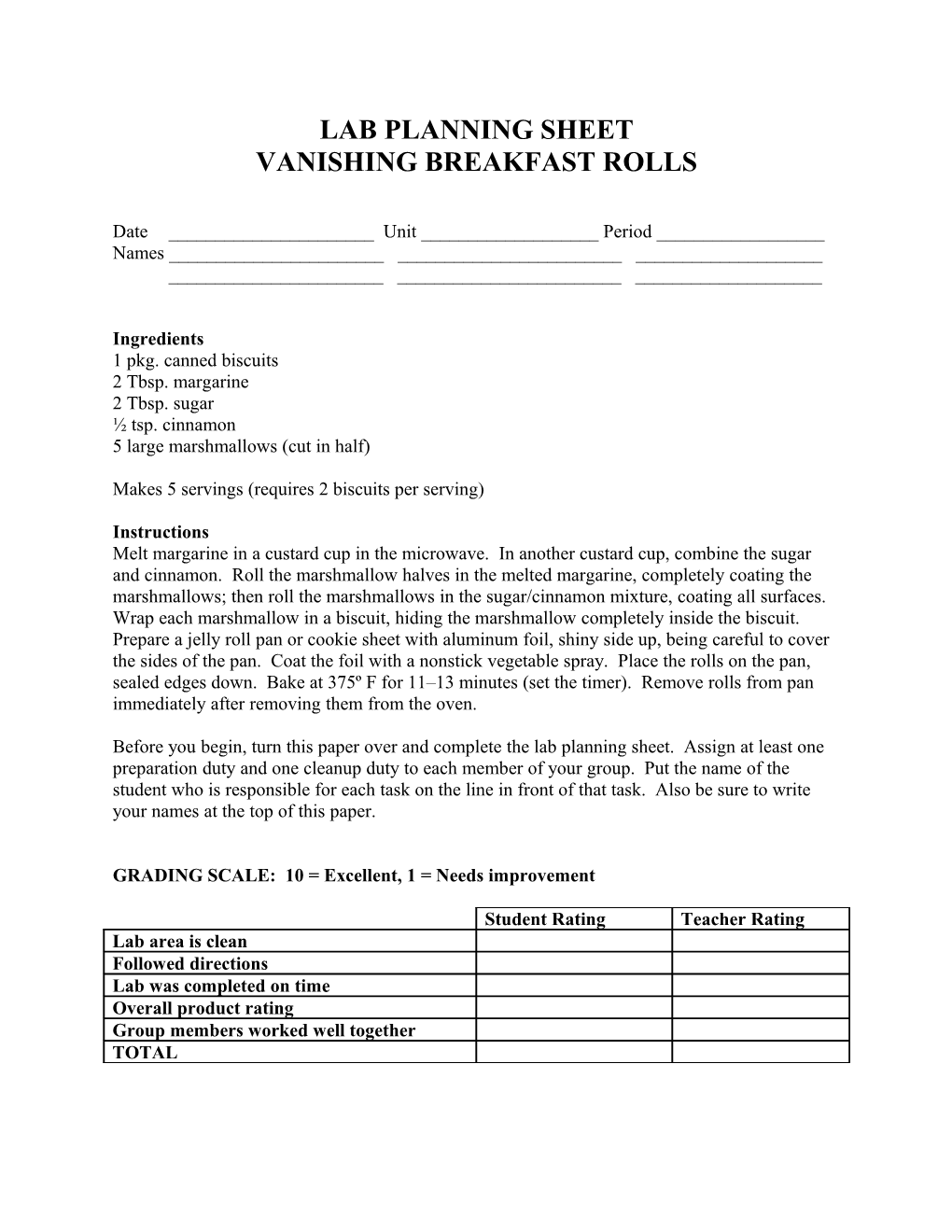 Lab Planning Sheet