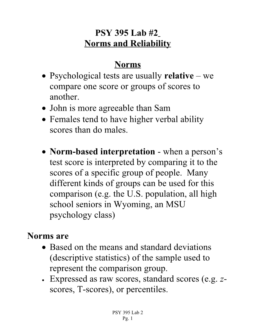 PSY 395 Lab #2 Norms and Reliability