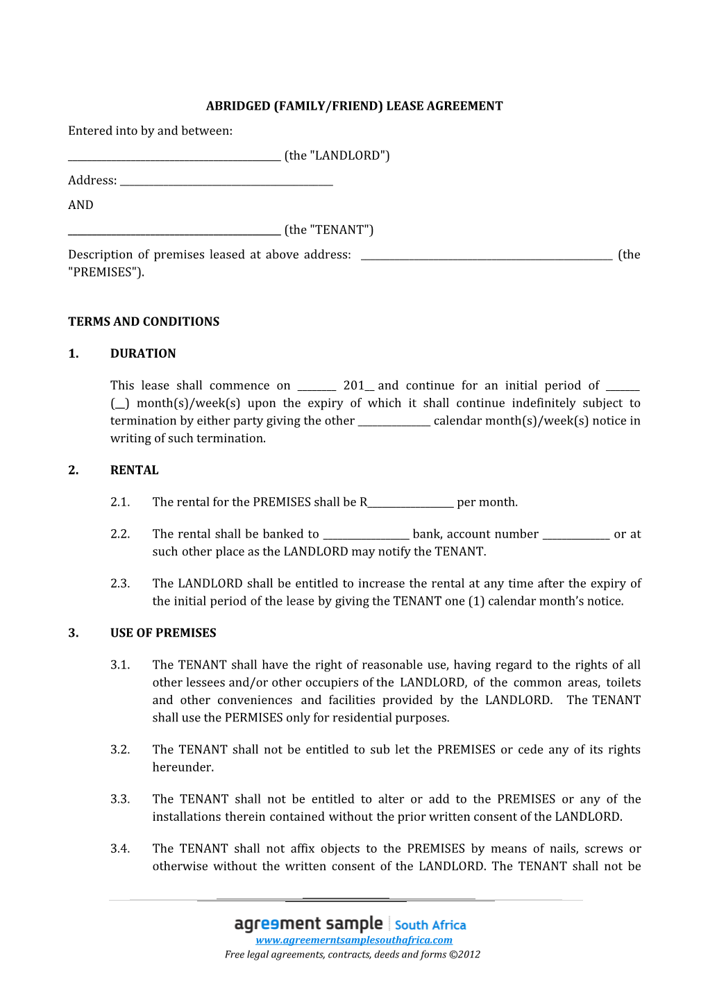 South Africa Abridged (Family/Friend) Lease Agreement