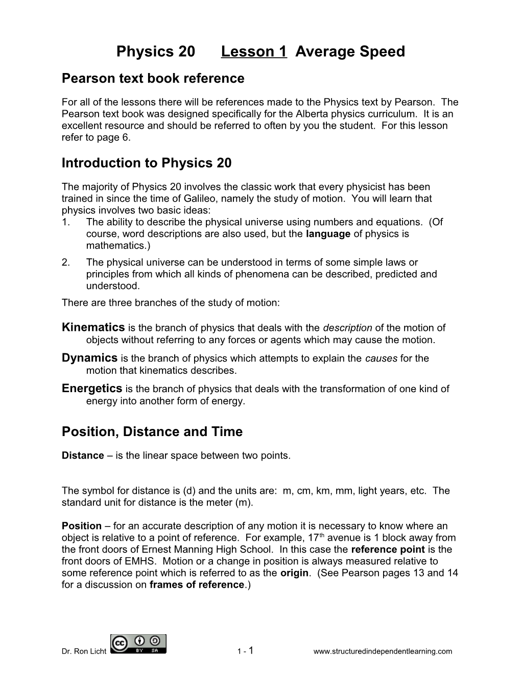 Physics 20 Lesson 1 Average Speed