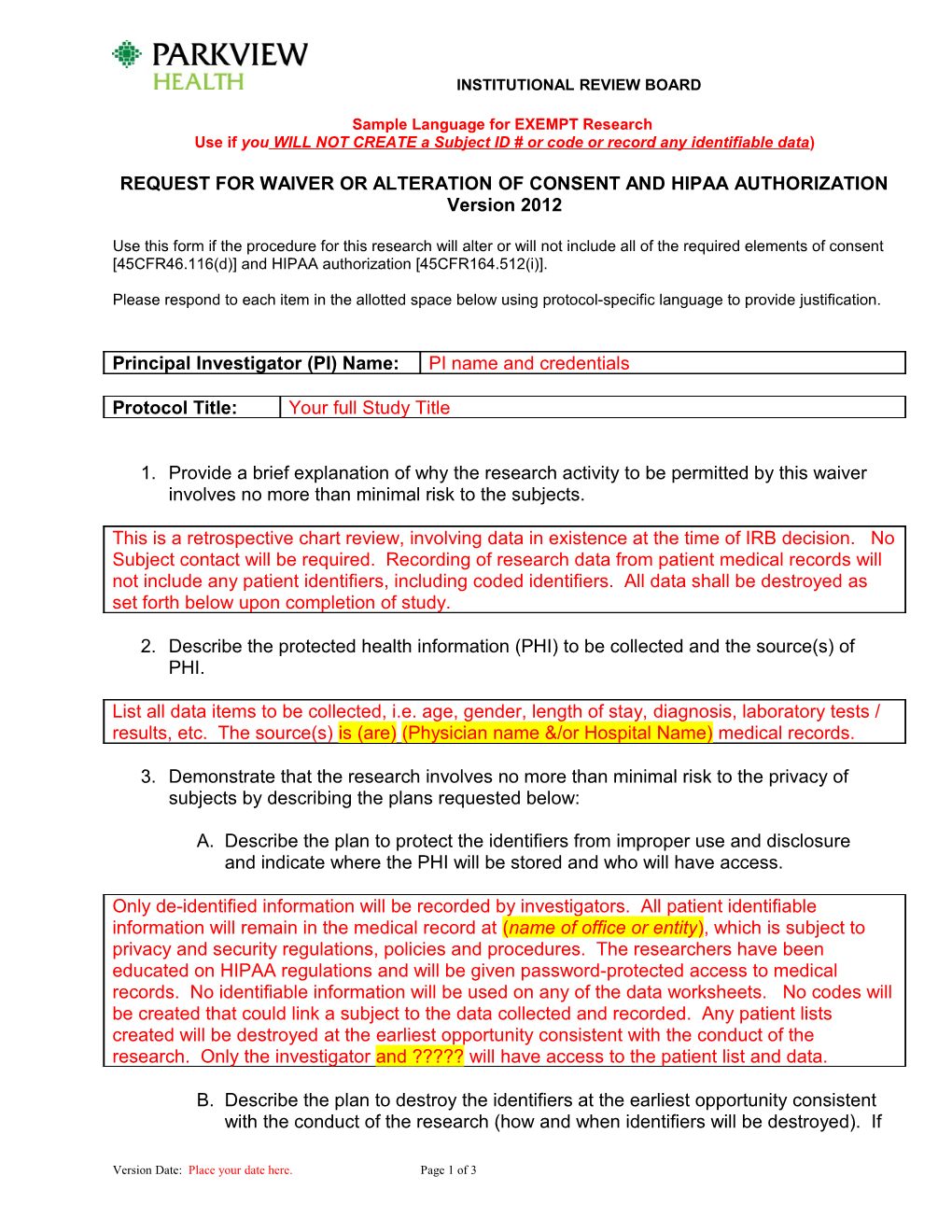 Request for Waiver Or Alteration of Consent and HIPAA Authorization