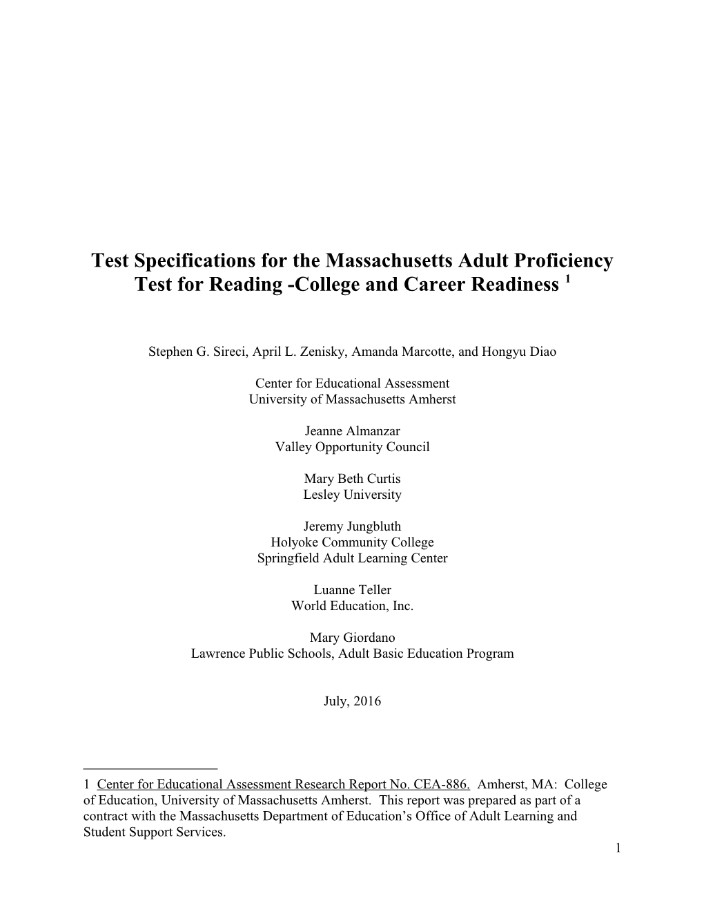 Test Specifications for MAPT for Reading