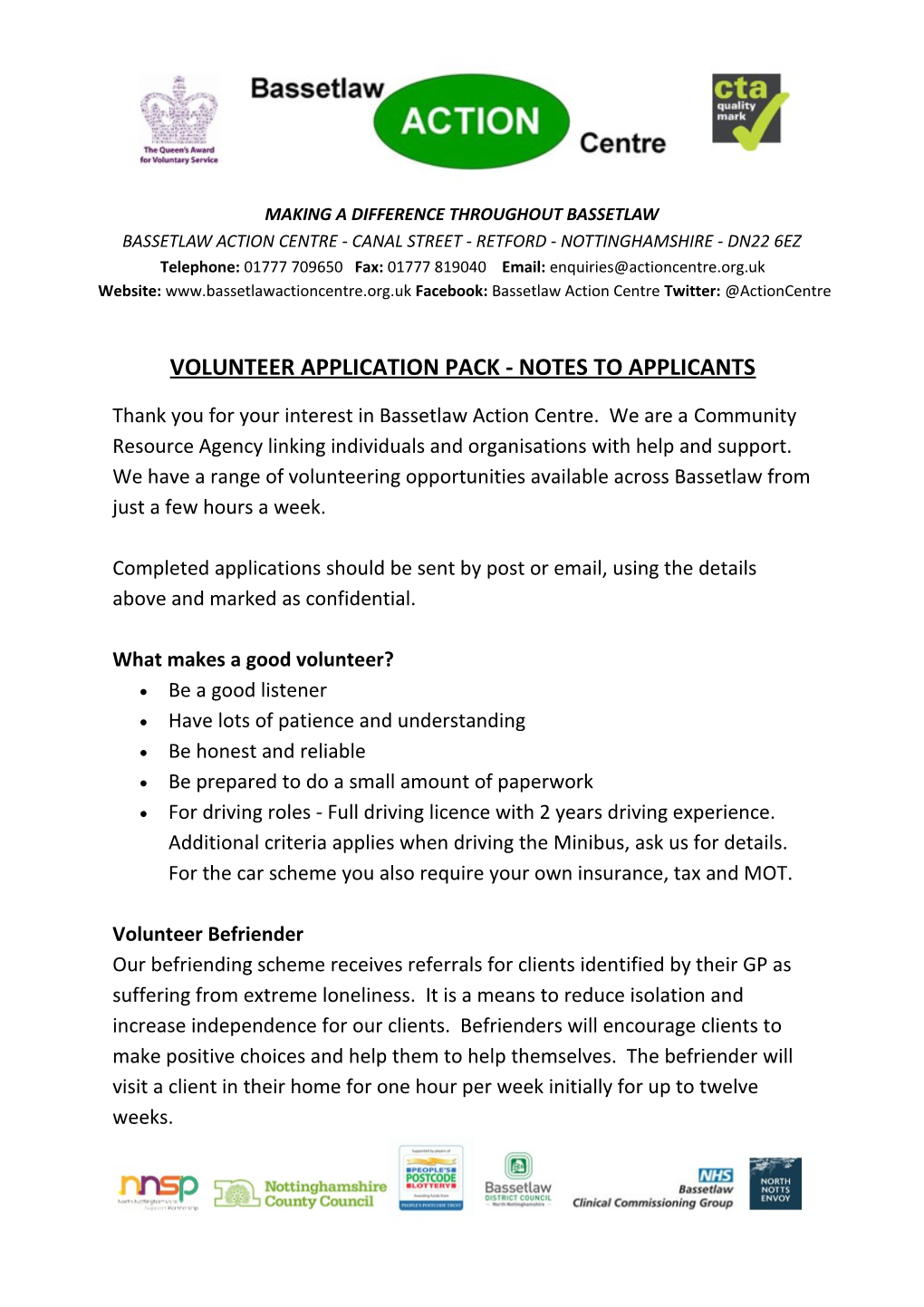 Volunteer Application Pack - Notes to Applicants