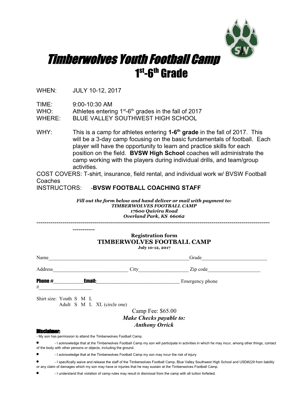 Timberwolves Youth Football Camp 1St-6Th Grade