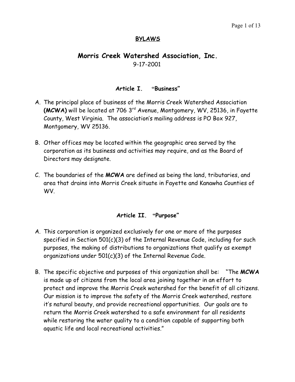 Morris Creek Watershed Association, Inc