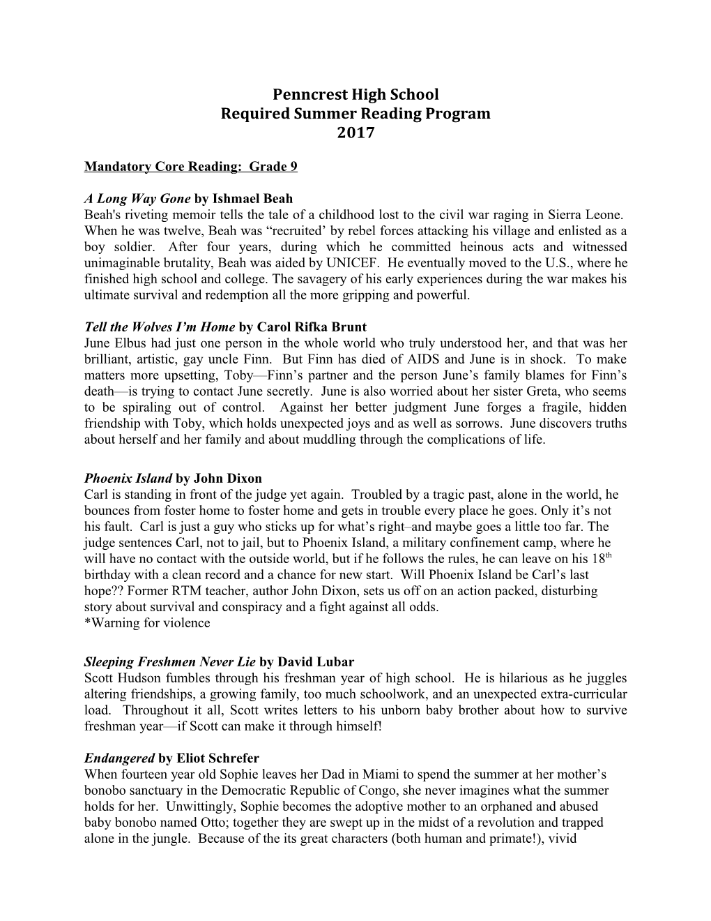 Required Summer Reading Program s1