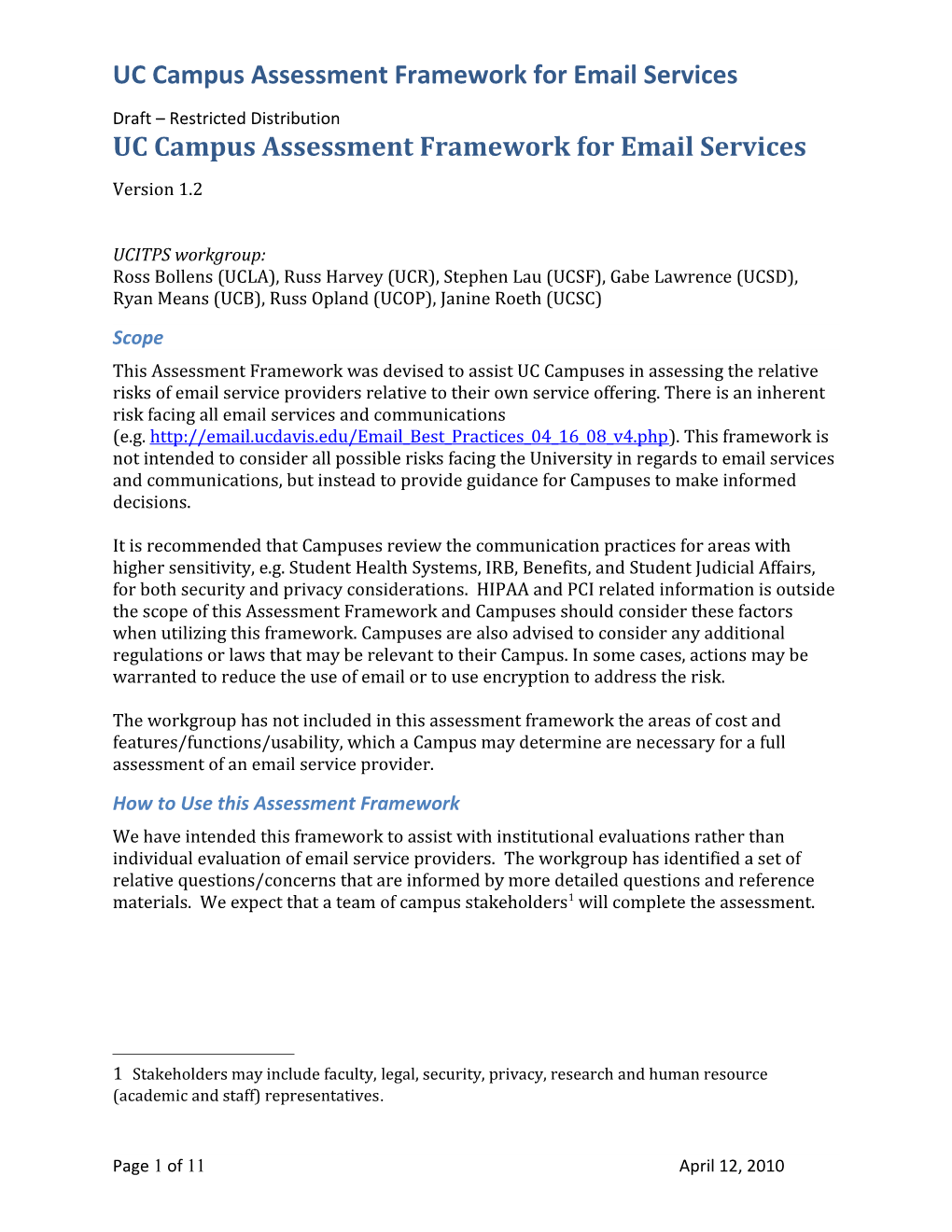 UC Campus Assessment Framework for Email Services
