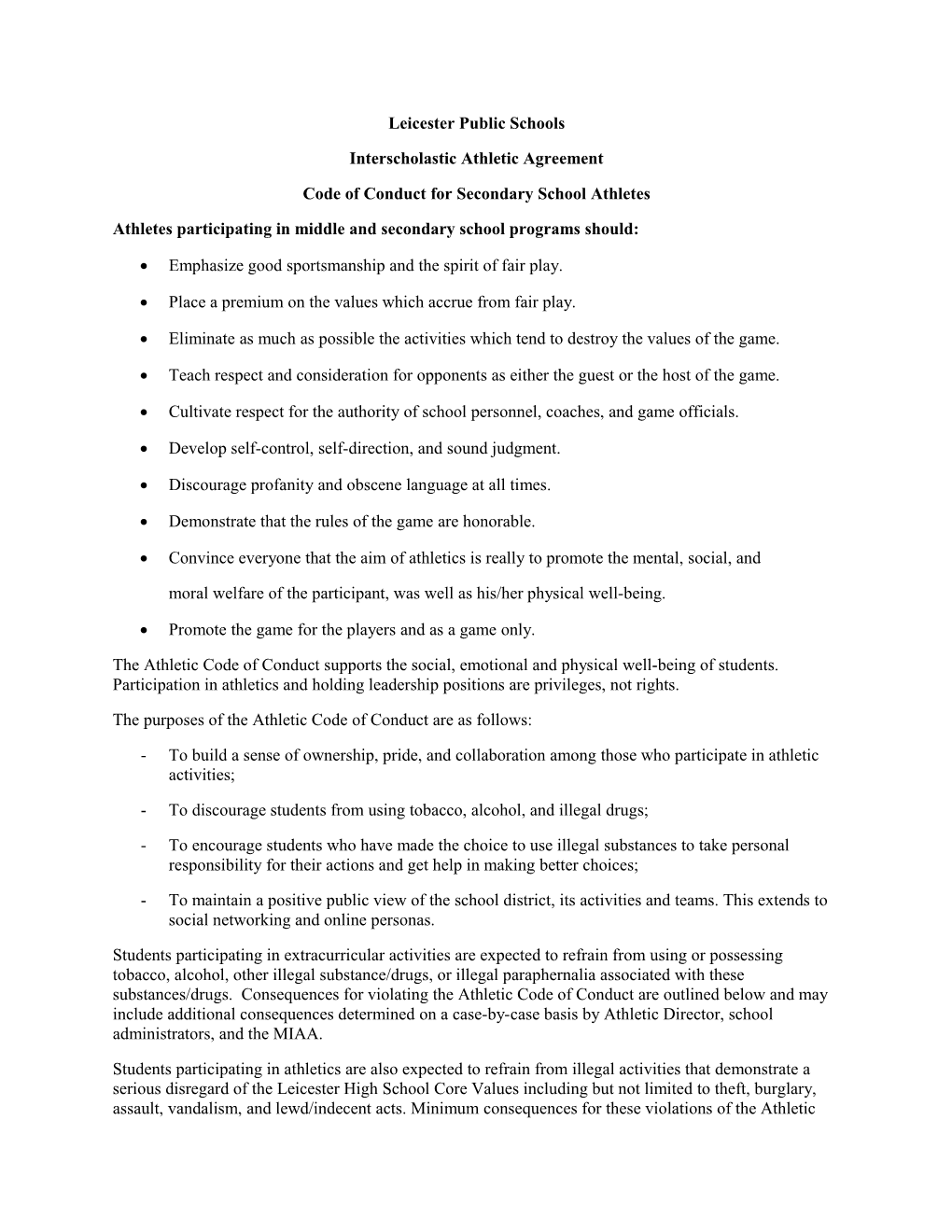Code of Conduct for Secondary School Athletes