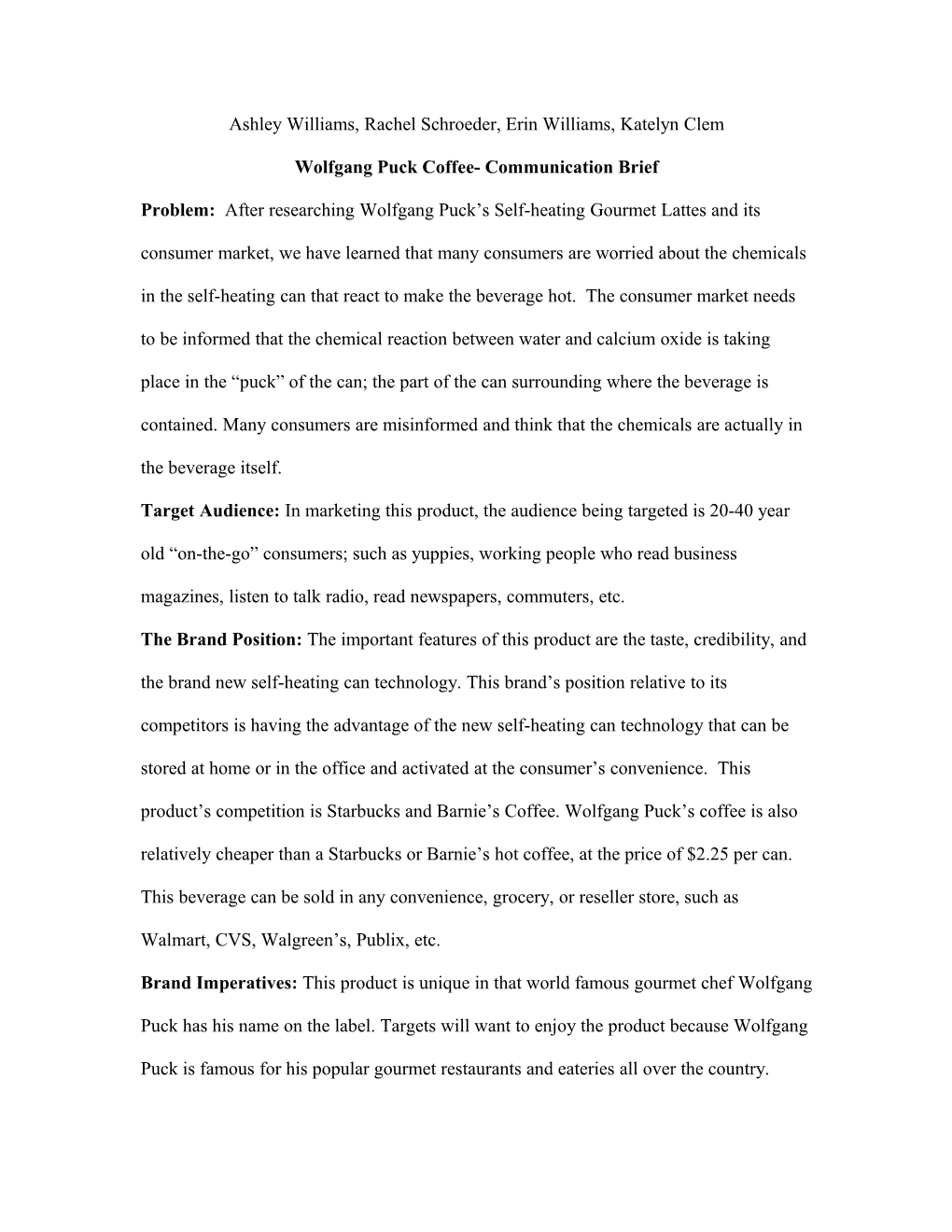 Wolfgang Puck Coffee- Communication Brief