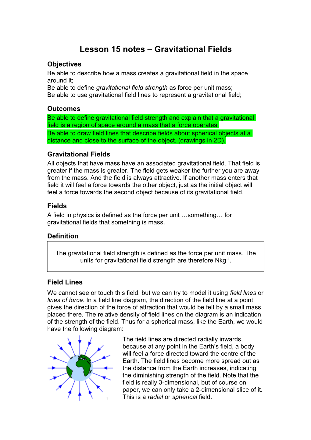 Lesson 37 Notes Gravitational Fields
