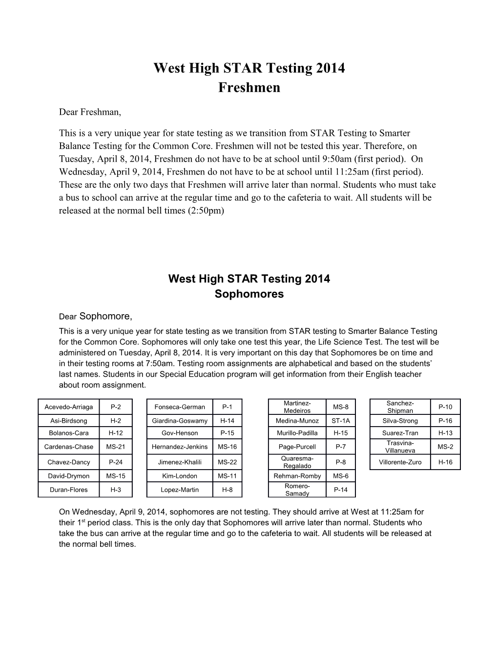 West High S TAR Testing 2014 Freshmen