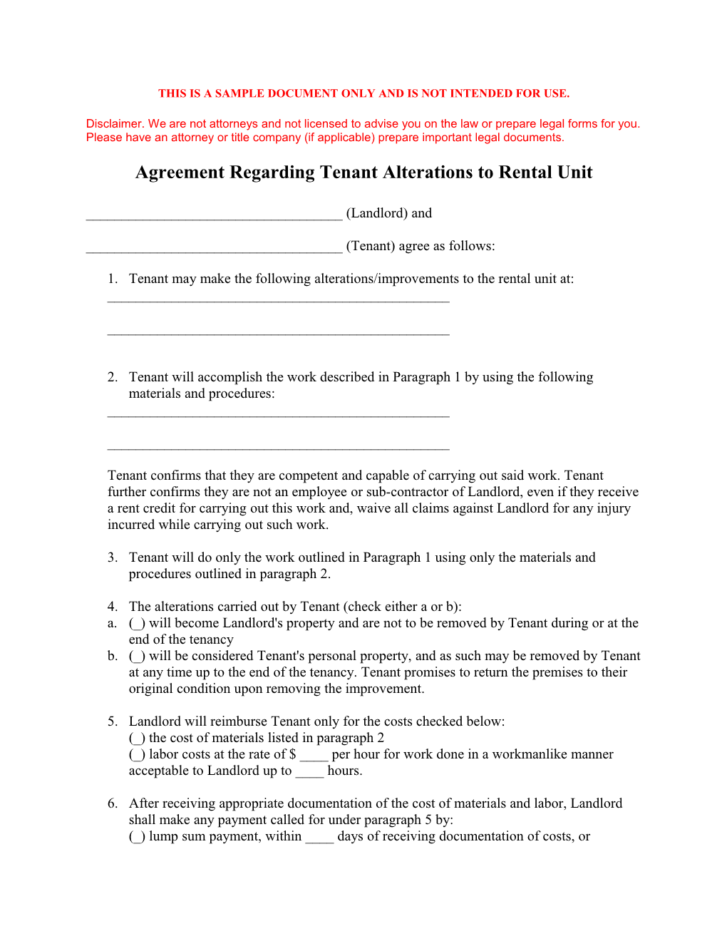 Agreement Regarding Tenant Alterations to Rental Unit