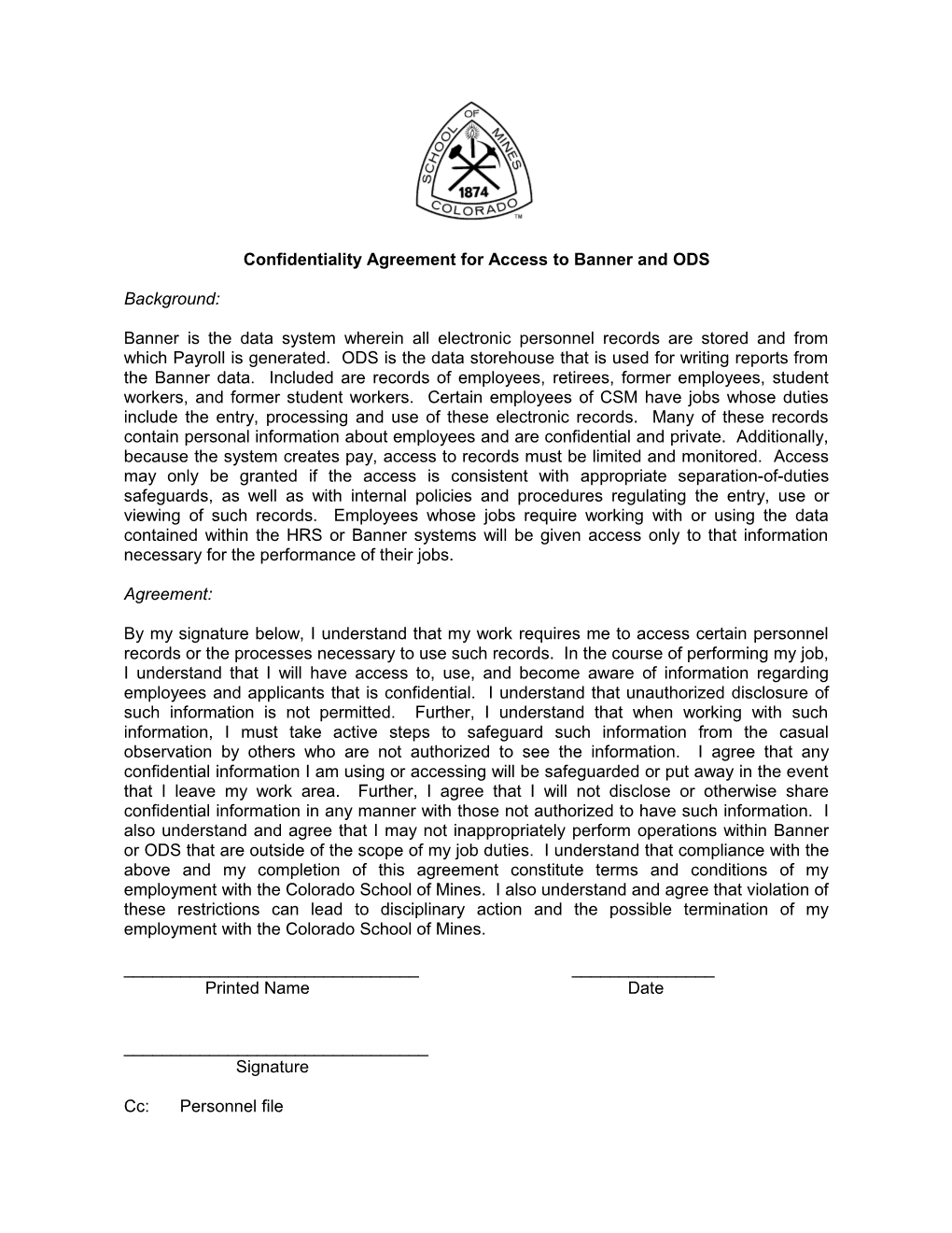 Confidentiality Agreement for Access to Banner and ODS