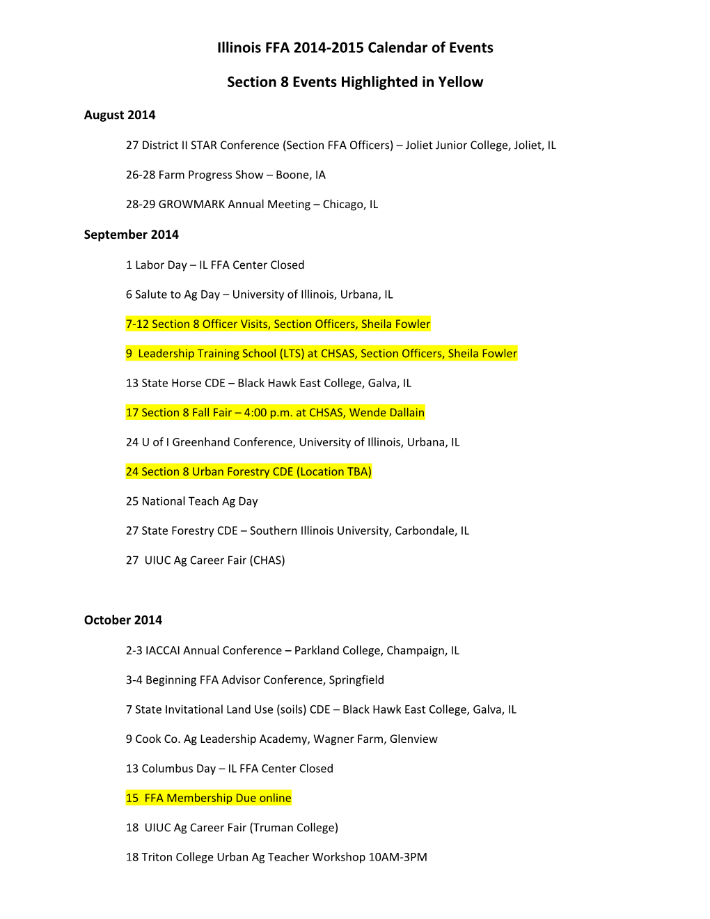 Illinois FFA 2014-2015 Calendar of Events