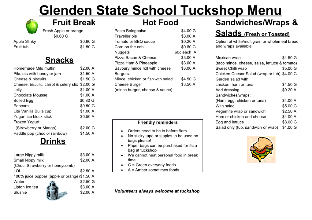 Glenden State School Tuckshop Menu