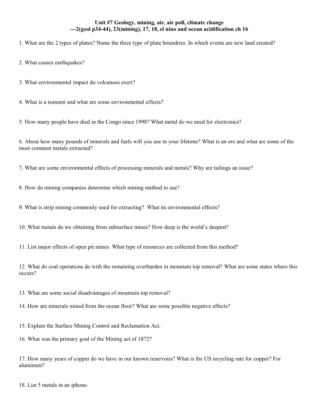 Unit #7 Geology, Mining, Air, Air Poll, Climate Change