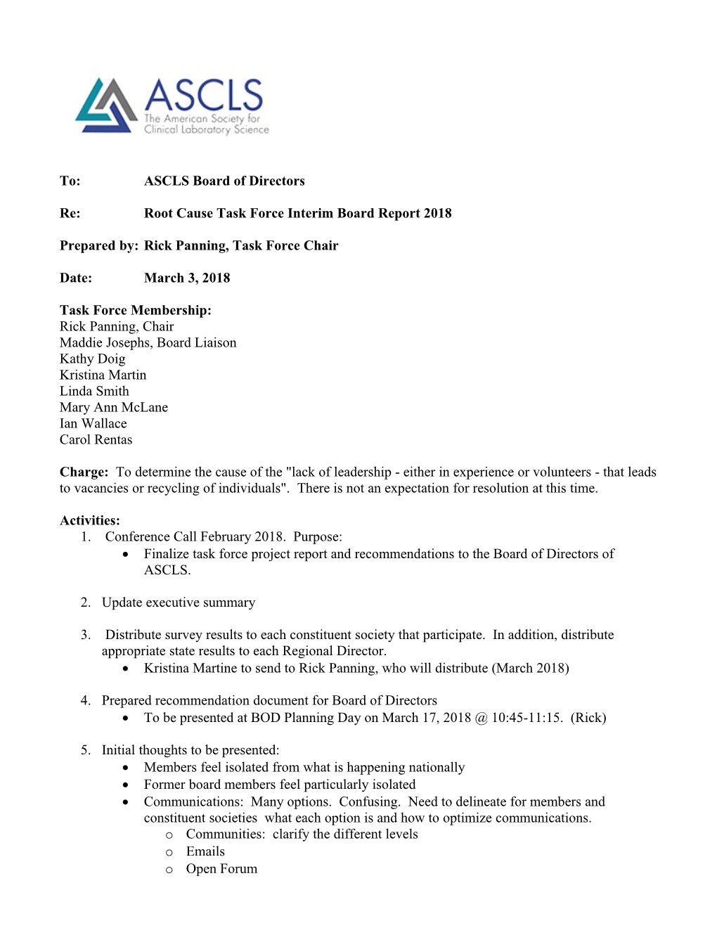 Re: Root Cause Task Force Interim Board Report 2018