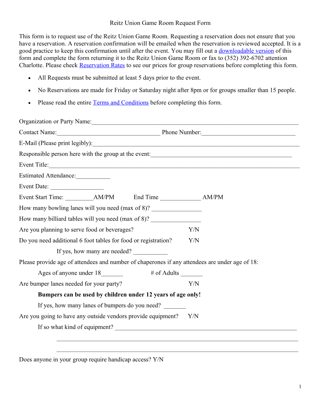 Reitz Union Game Room Request Form