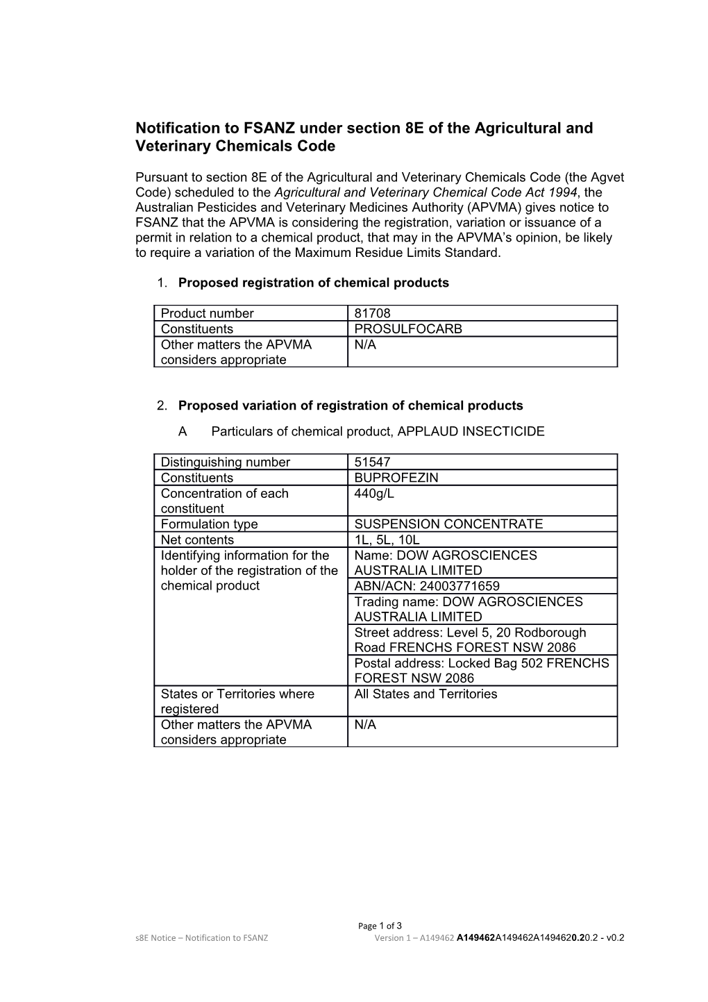 Notification to FSANZ Under Section 8E of the Agricultural and Veterinary Chemicals Code