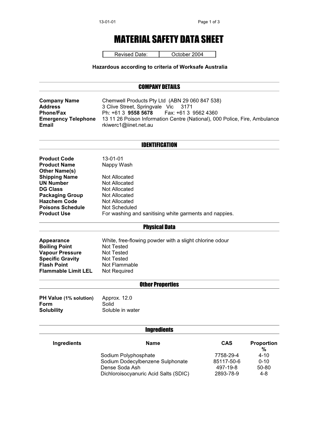 Material Safety Data Sheet s136