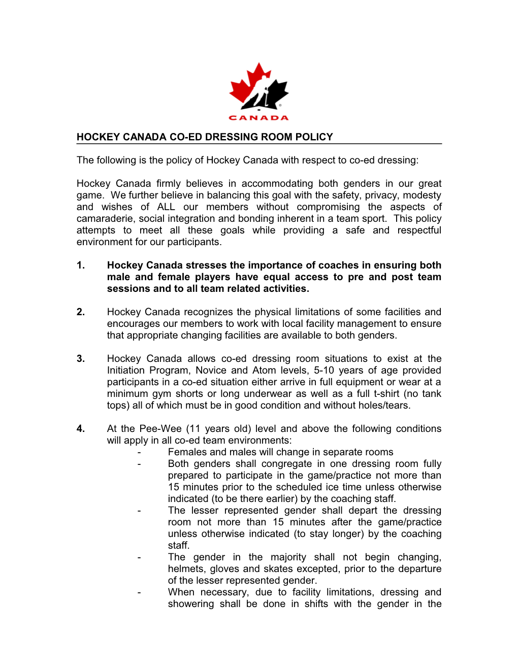 Hockey Canada Co-Ed Dressing Room Policy