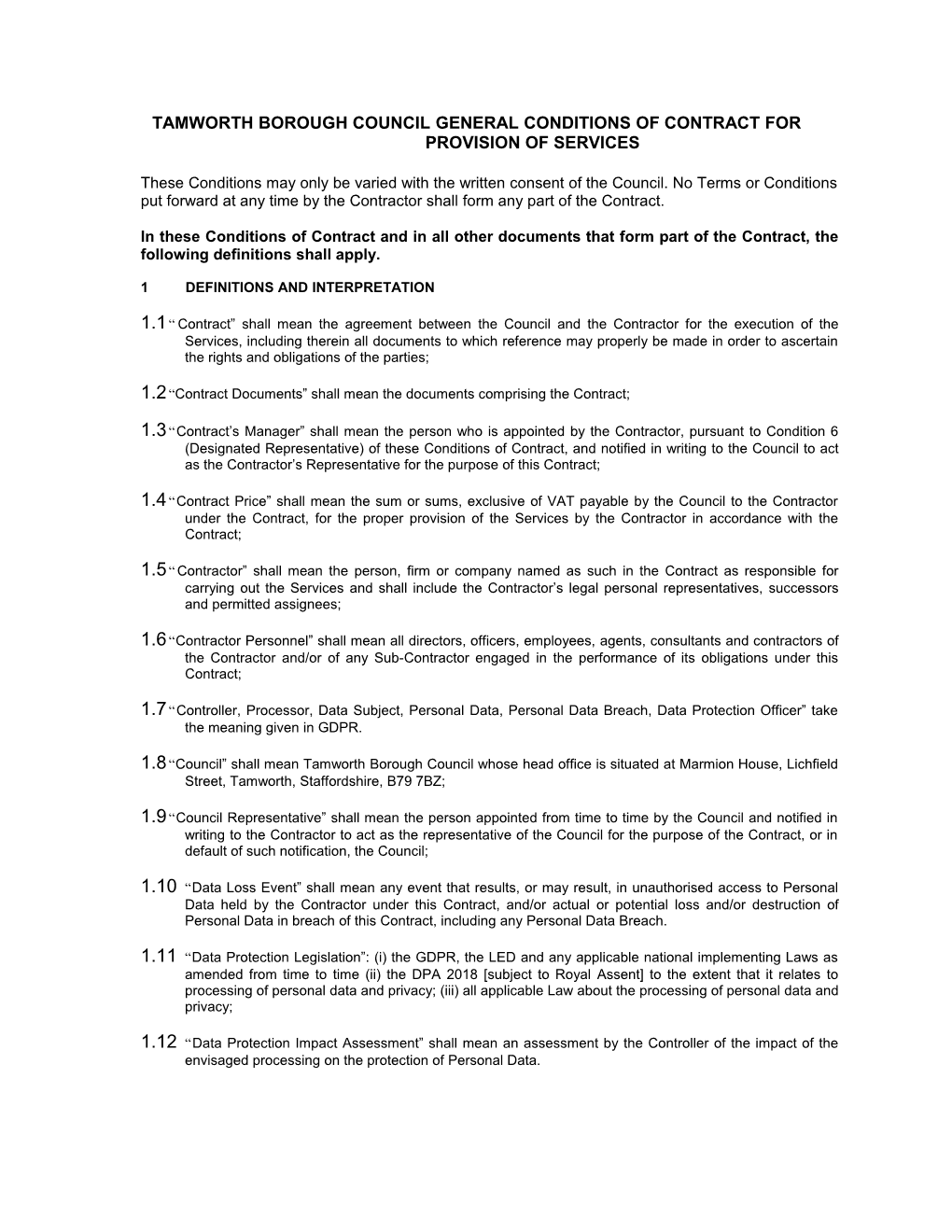 Tamworth Borough Council General Conditions of Contract for Provision of Services