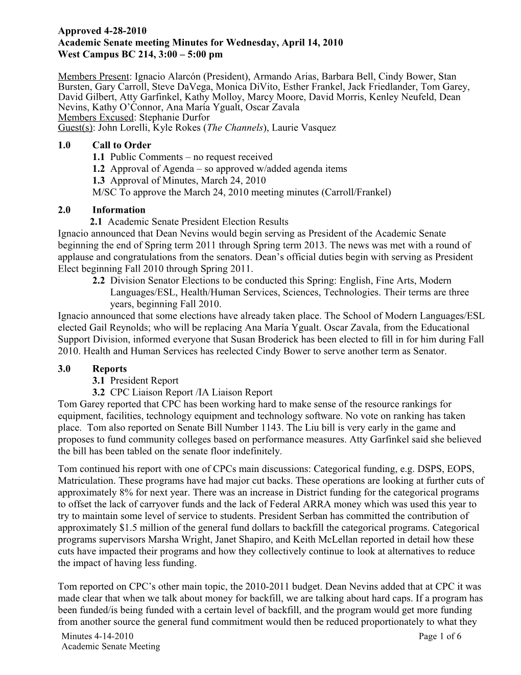 Academic Senate Meeting Minutes for Wednesday, April 14, 2010