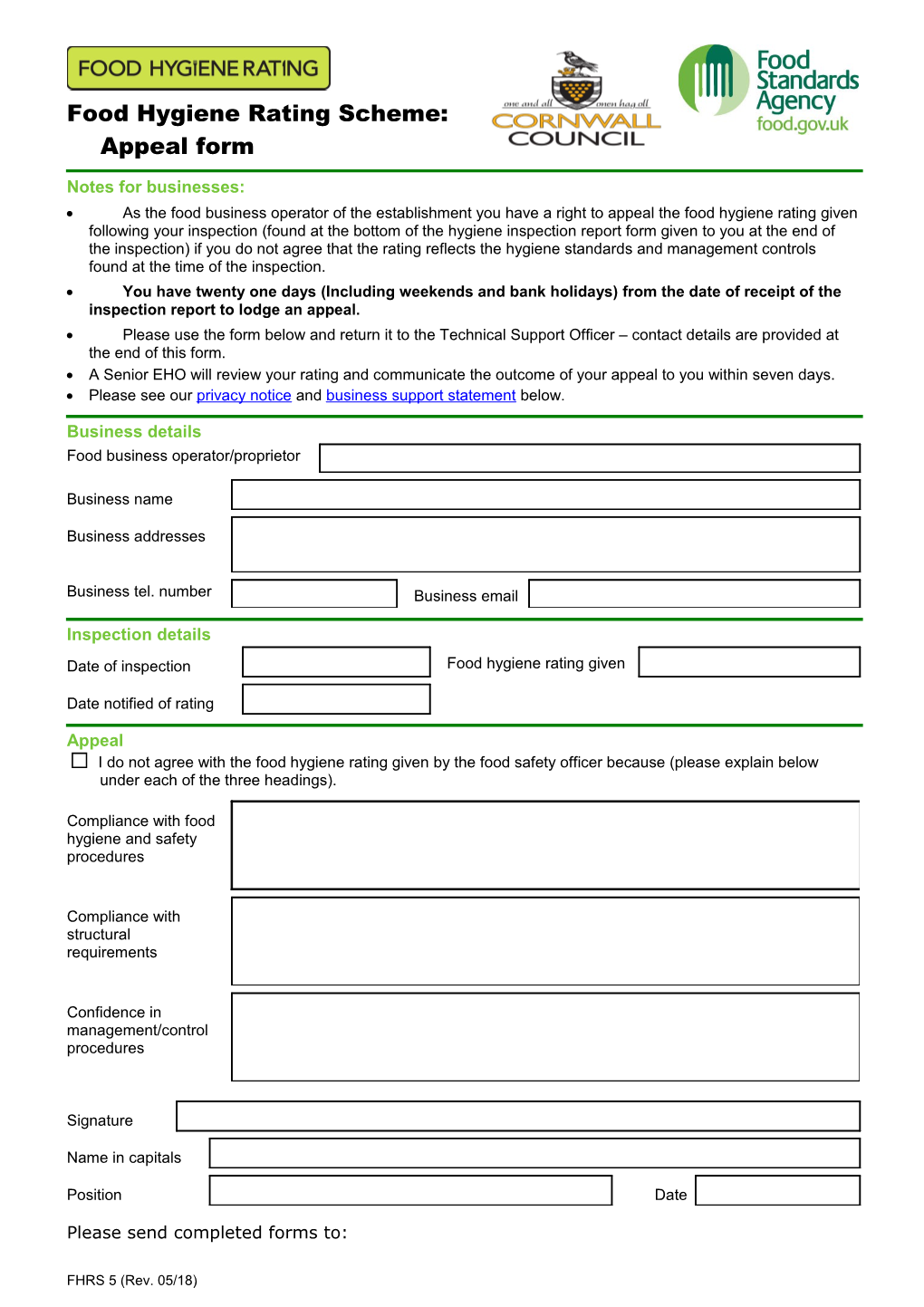 Food Hygiene Rating Scheme: Appeal Form