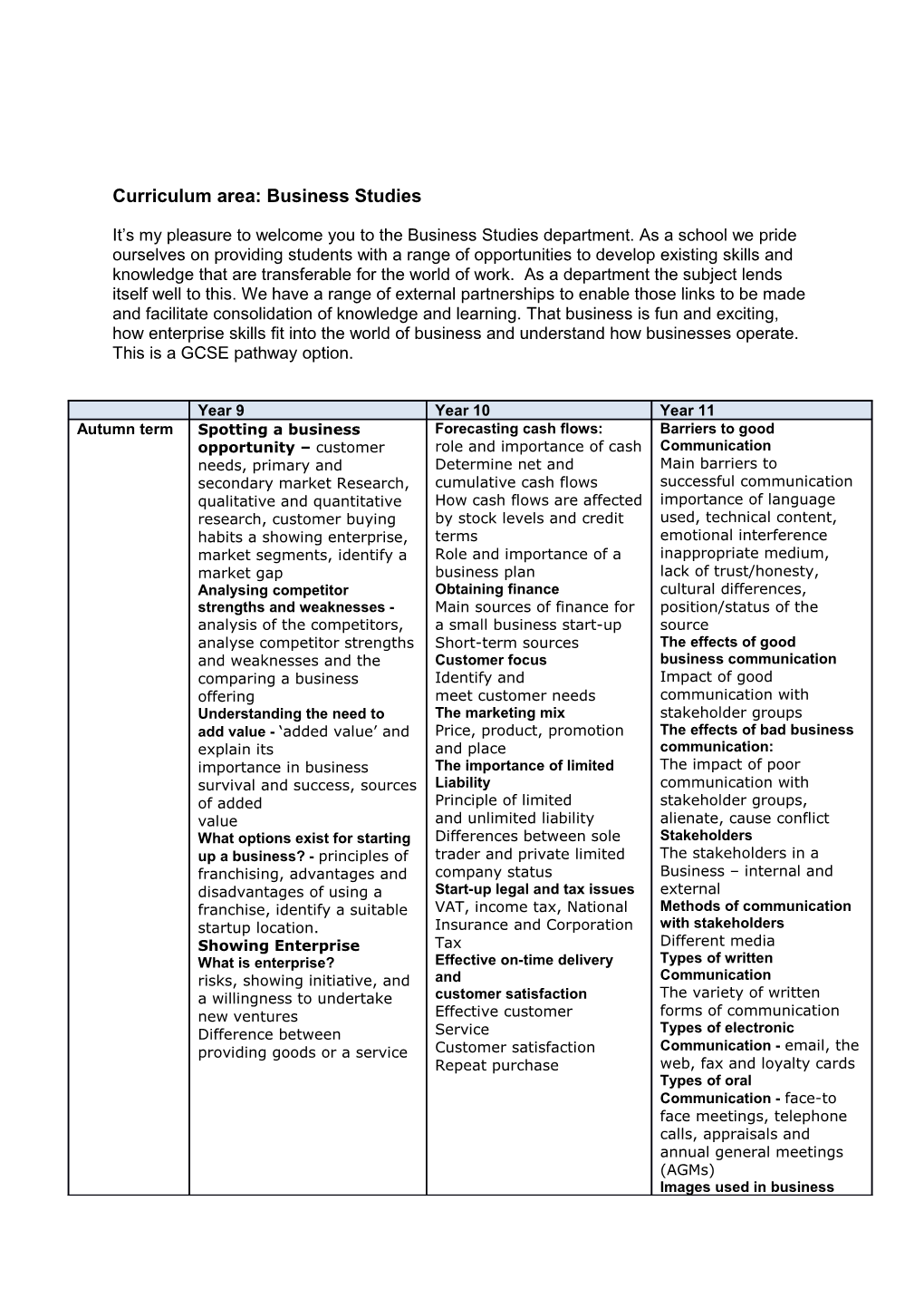 Curriculum Area: Business Studies