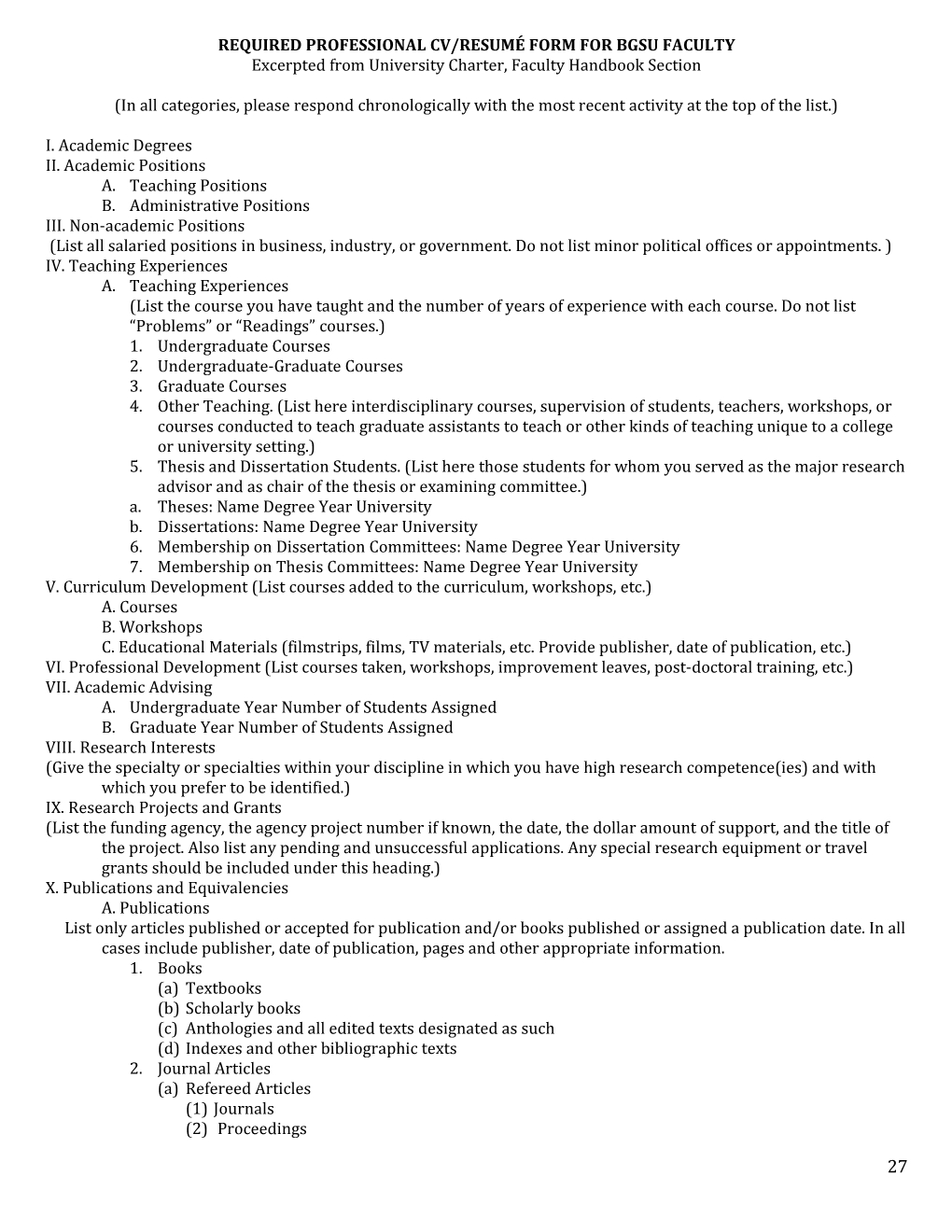 Required Professional Cv/Resumé Form for Bgsu Faculty