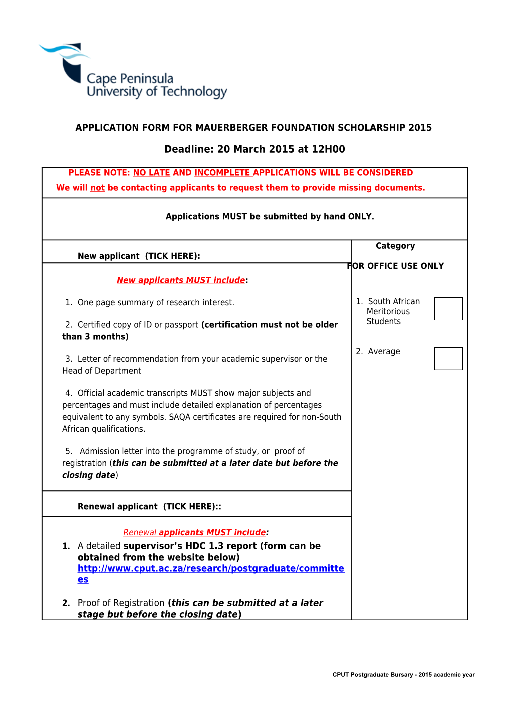 Application Form for Mauerberger Foundation Scholarship 2015