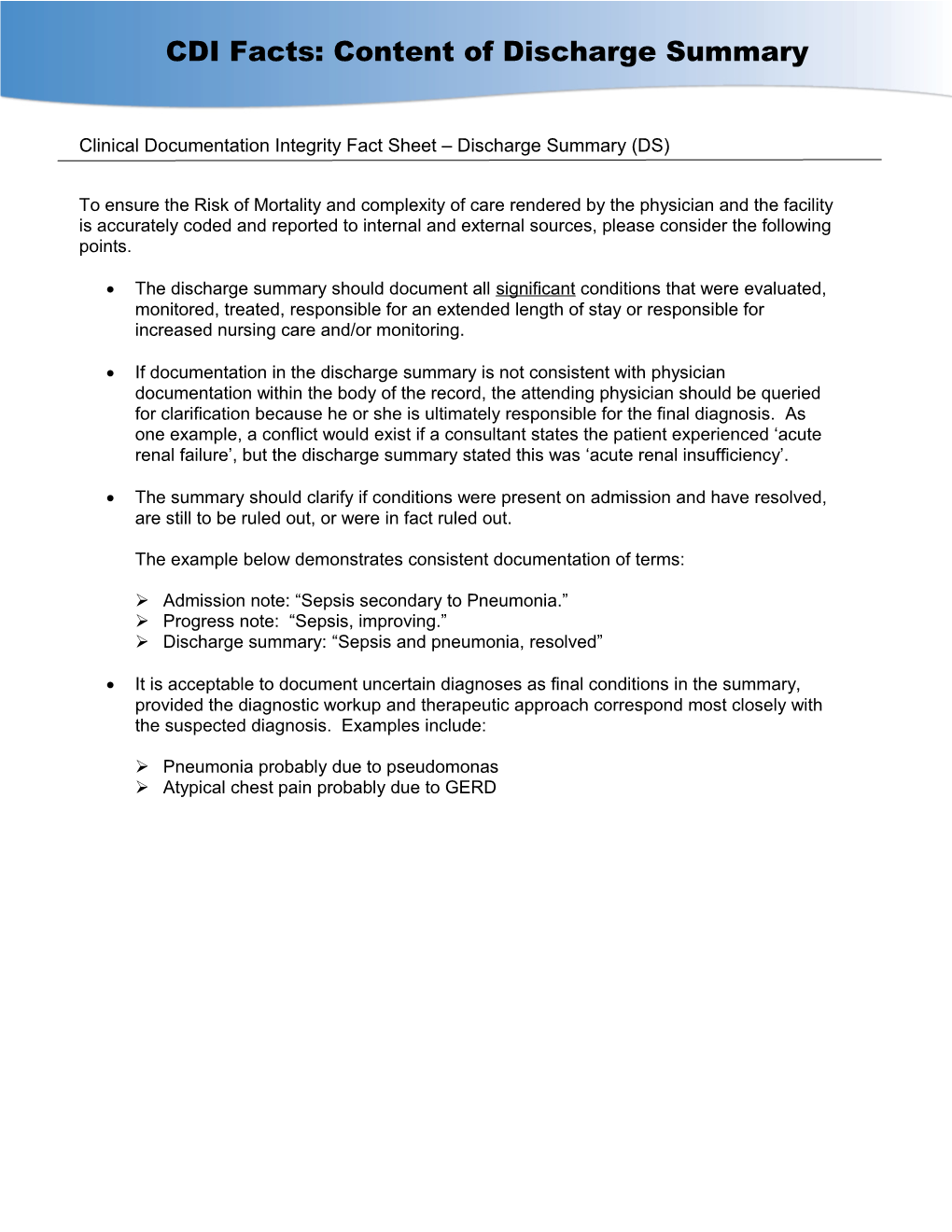 Clinical Documentation Integrity Fact Sheet Discharge Summary (DS)